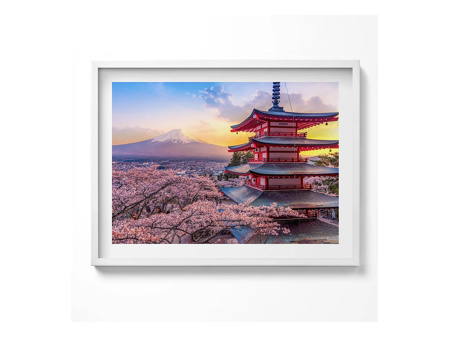 Tableau décoratif avec cadre blanc, construction japonaise 80 x 60 cm– Parfait pour le salon ou la chambre