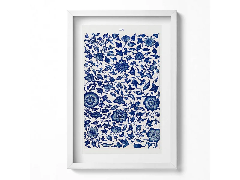 Dekoratives Gemälde mit weißem Rahmen, Vintage-Blumenmuster 40 x 60 cm – Perfekt für das Wohn- oder Schlafzimmer