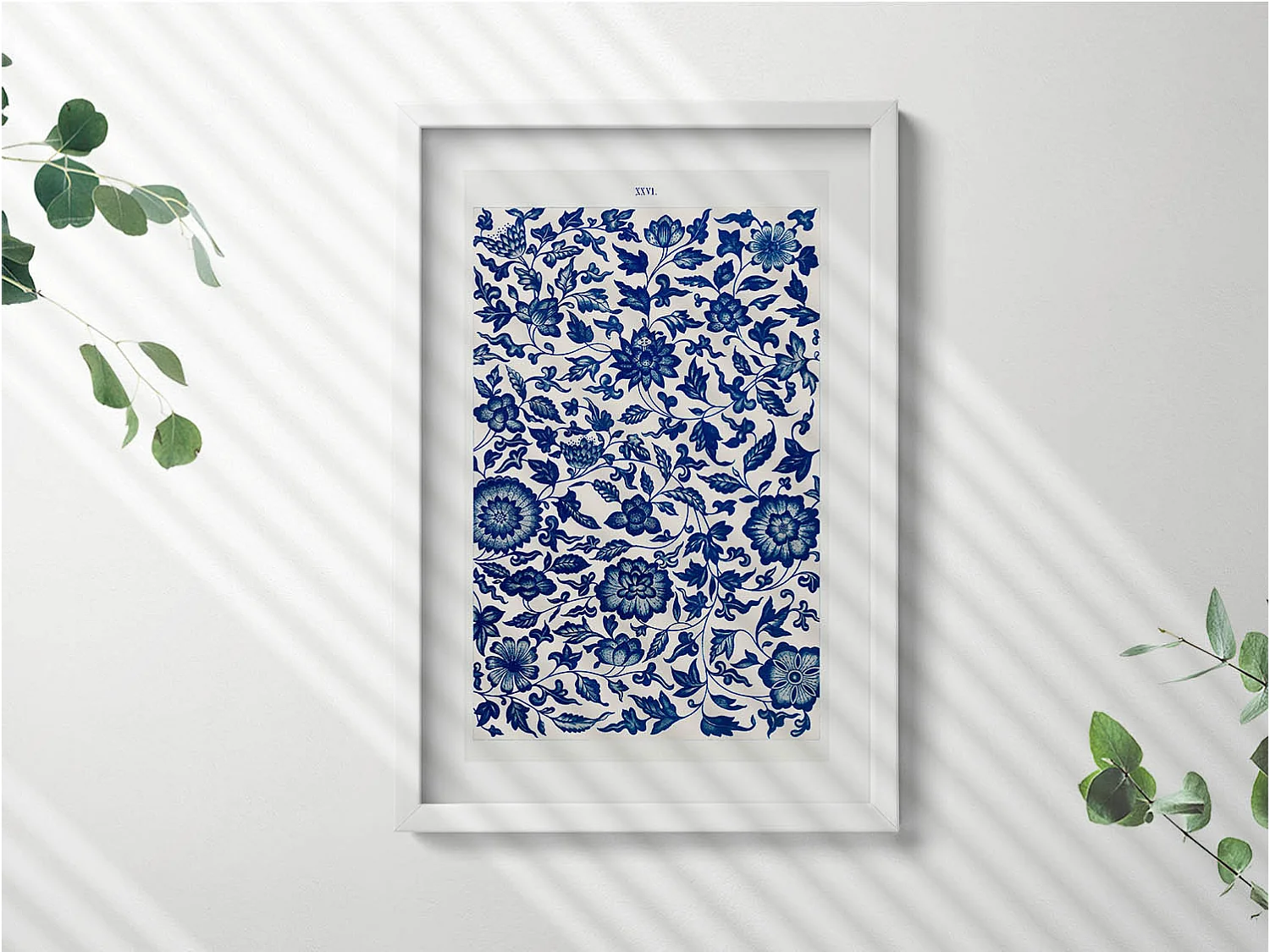 Tableau décoratif avec cadre blanc, Motif floral vintage 40 x 60 cm– Parfait pour le salon ou la chambre