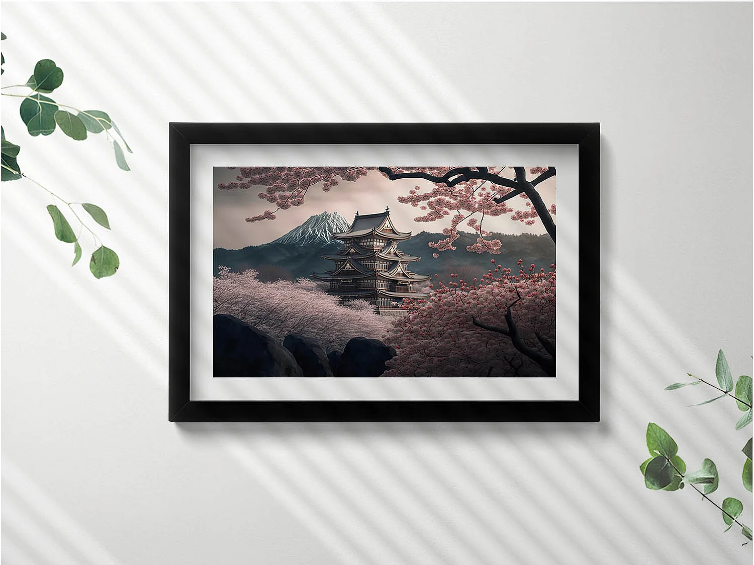 Dekoratives Gemälde mit schwarzem Rahmen, Asiatischer Turm und Kirschblüten 30 x 20 cm – Perfekt für das Wohn- oder Schlafzimmer