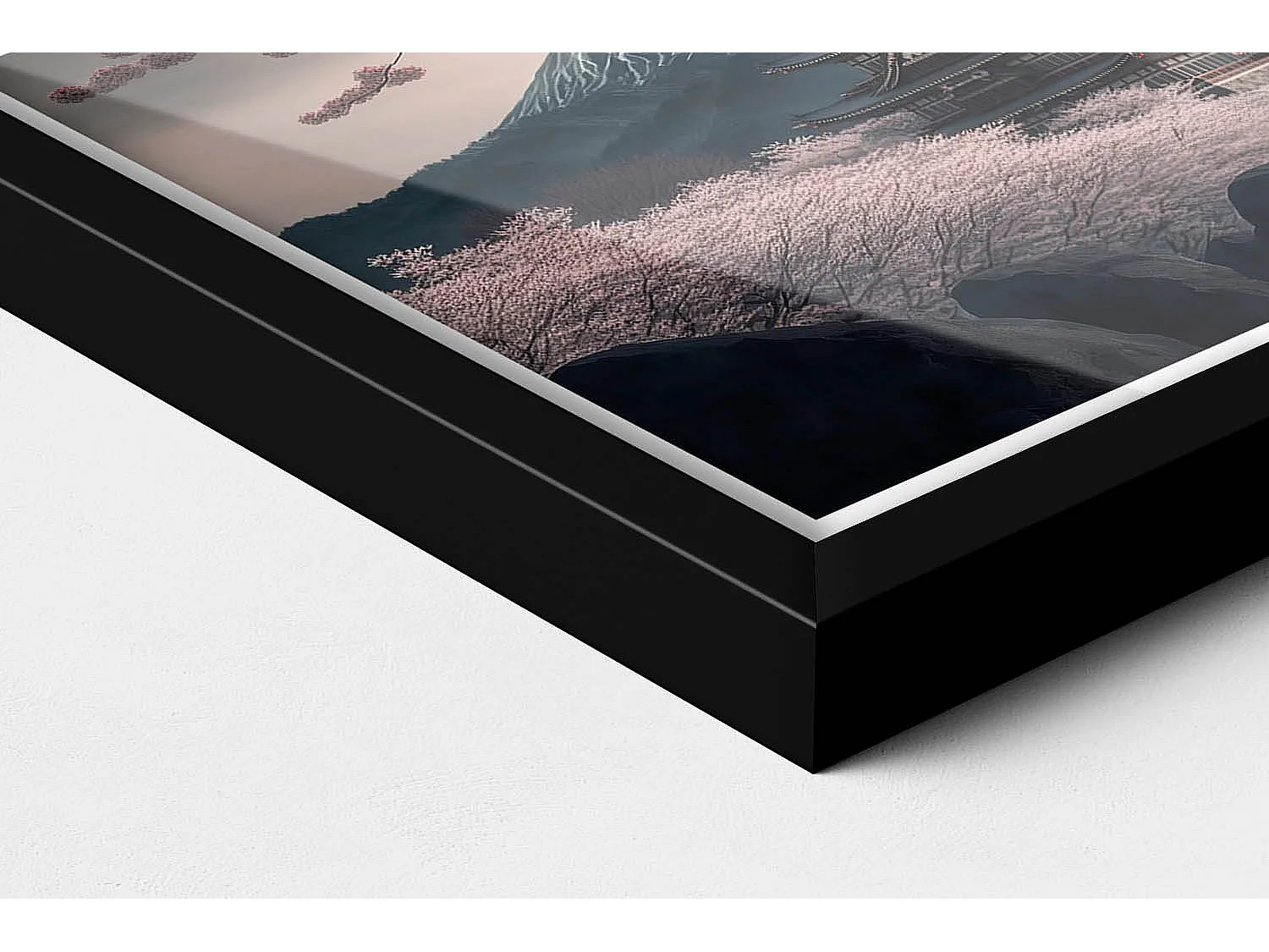 Tableau décoratif avec cadre noir, Tour asiatique et fleurs de cerisier 30 x 20 cm – Parfait pour le salon ou la chambre