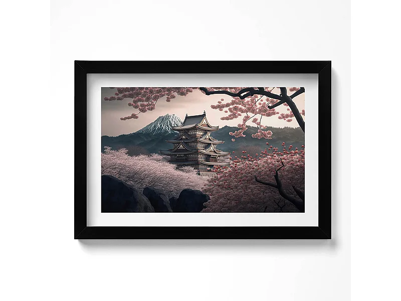 Dekoratives Gemälde mit schwarzem Rahmen, Asiatischer Turm und Kirschblüten 30 x 20 cm – Perfekt für das Wohn- oder Schlafzimmer