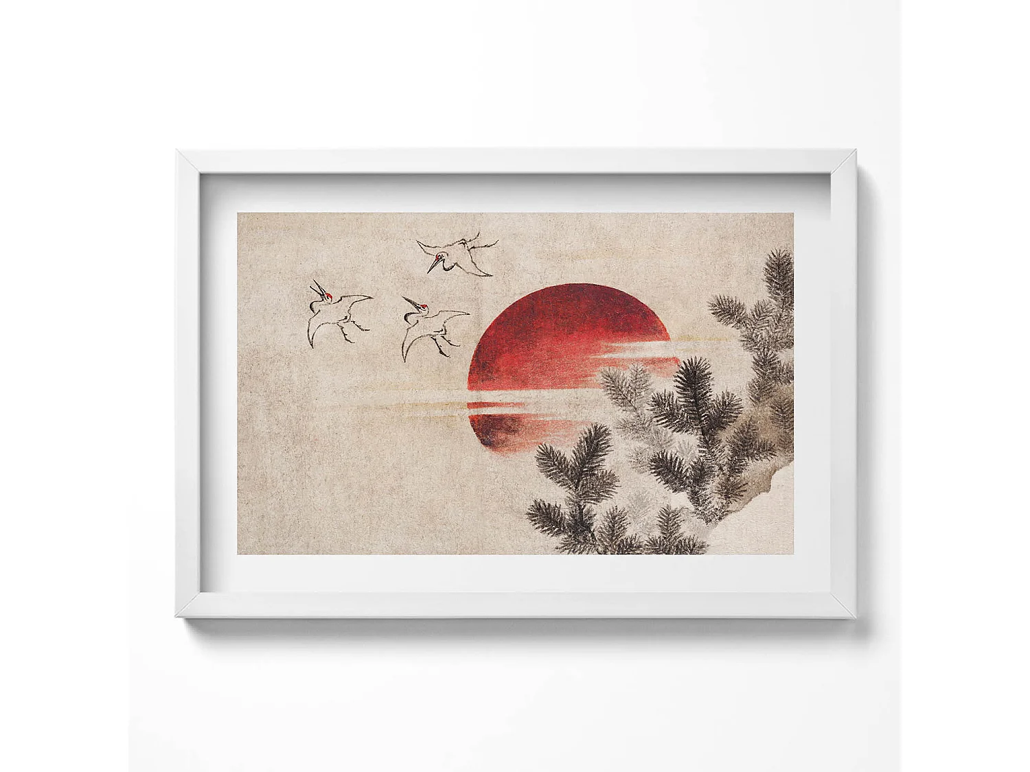Dekoratives Gemälde mit weißem Rahmen, japanische Kunst der untergehenden Sonne 60 x 40 cm – Perfekt für das Wohn- oder Schlafzimmer