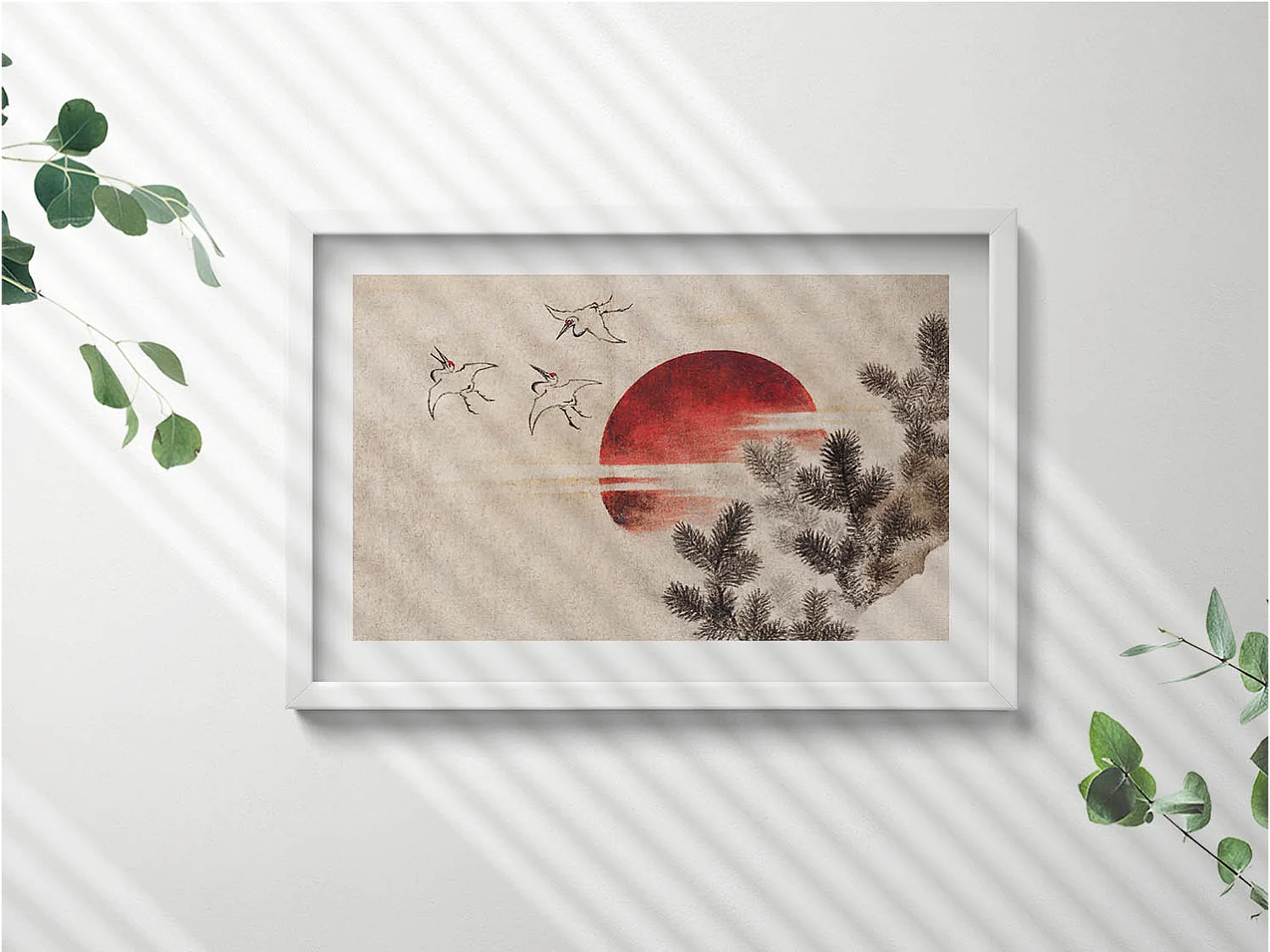 Dekoratives Gemälde mit weißem Rahmen, japanische Kunst der untergehenden Sonne 60 x 40 cm – Perfekt für das Wohn- oder Schlafzimmer