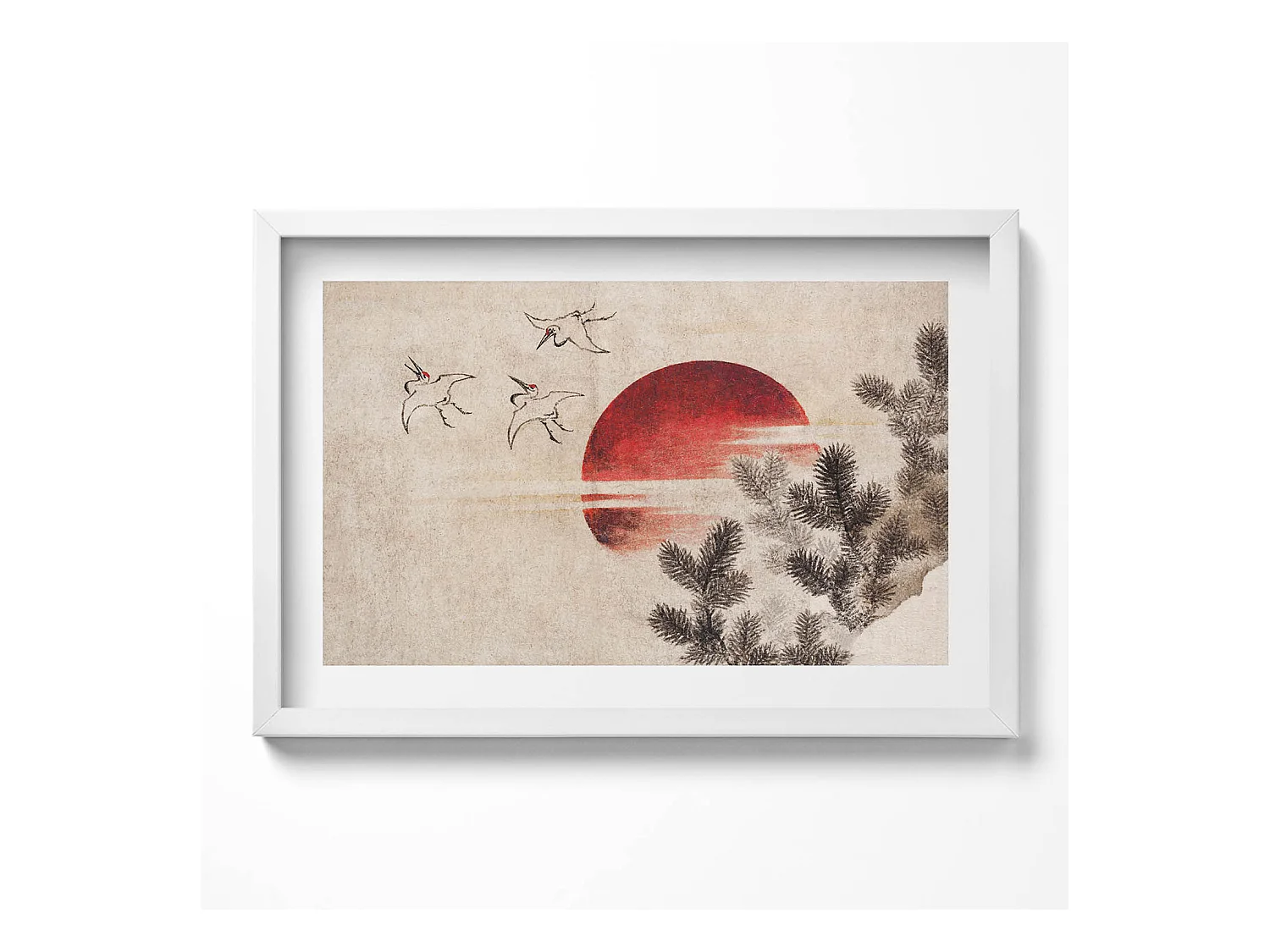 Tableau décoratif avec cadre blanc, Art japonais du soleil couchant 60 x 40 cm– Parfait pour le salon ou la chambre