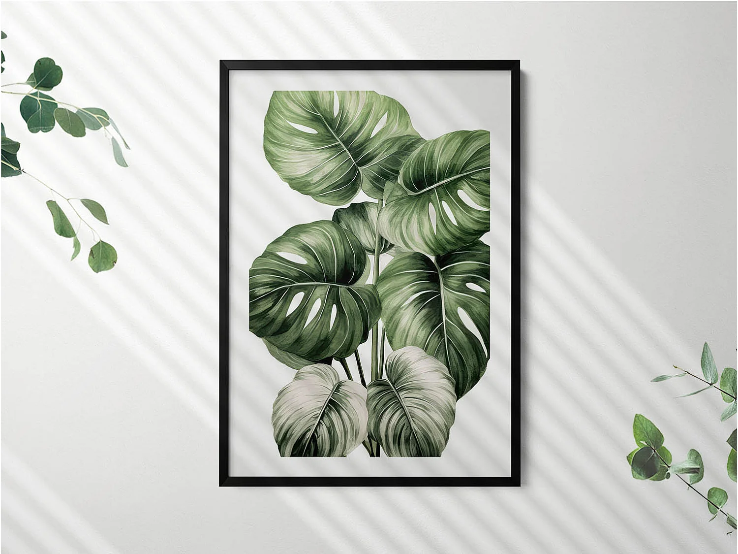 Cuadro decorativo con marco negro, Hojas de monstera pintadas 70 x 100 cm – Perfecto para el salón o el dormitorio