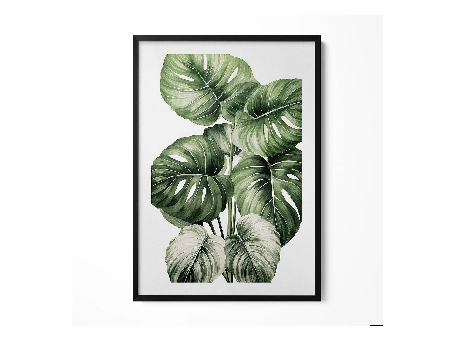 Tableau décoratif avec cadre noir, Feuilles de monstera peintes 70 x 100 cm– Parfait pour le salon ou la chambre