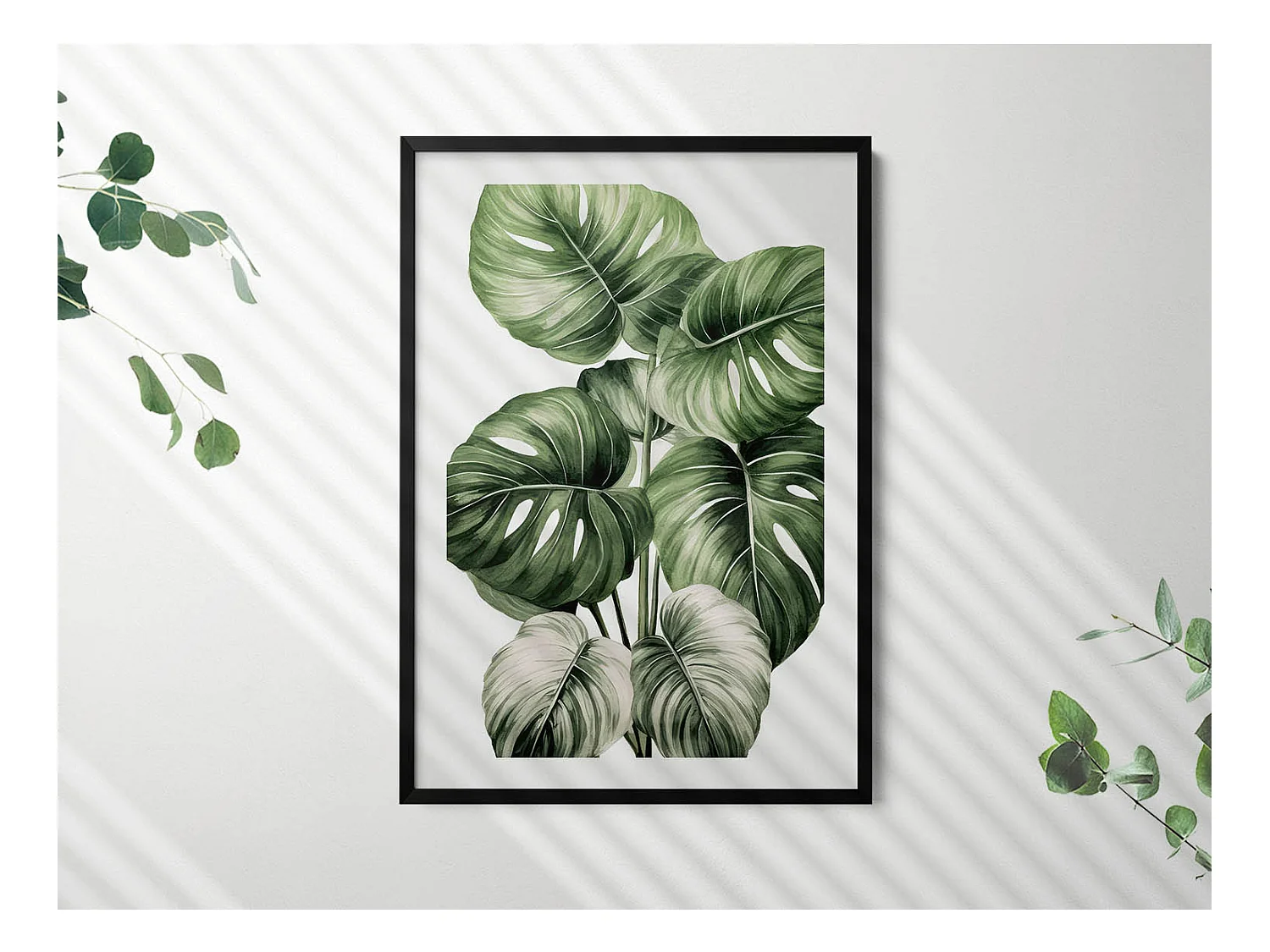 Dekoratives Gemälde mit schwarzem Rahmen, bemalte Monstera-Blätter 70 x 100 cm – perfekt für das Wohn- oder Schlafzimmer