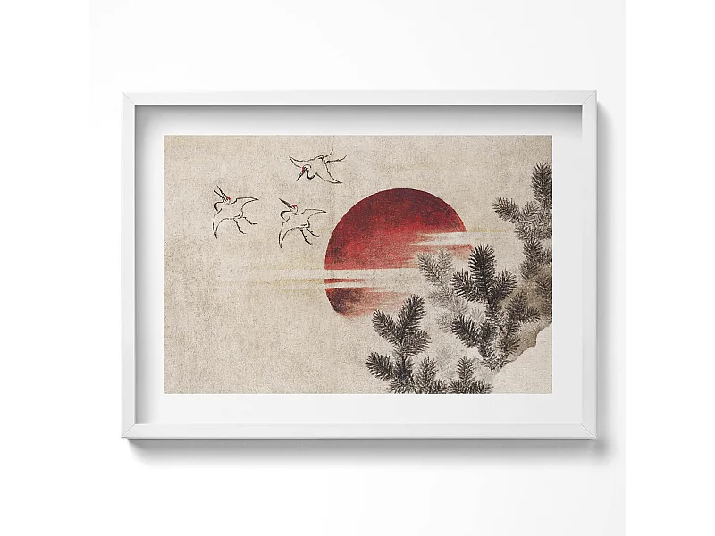 Decoratief schilderij met witte lijst, Japanse kunst van de ondergaande zon 70 x 50 cm – Perfect voor de woon- of slaapkamer