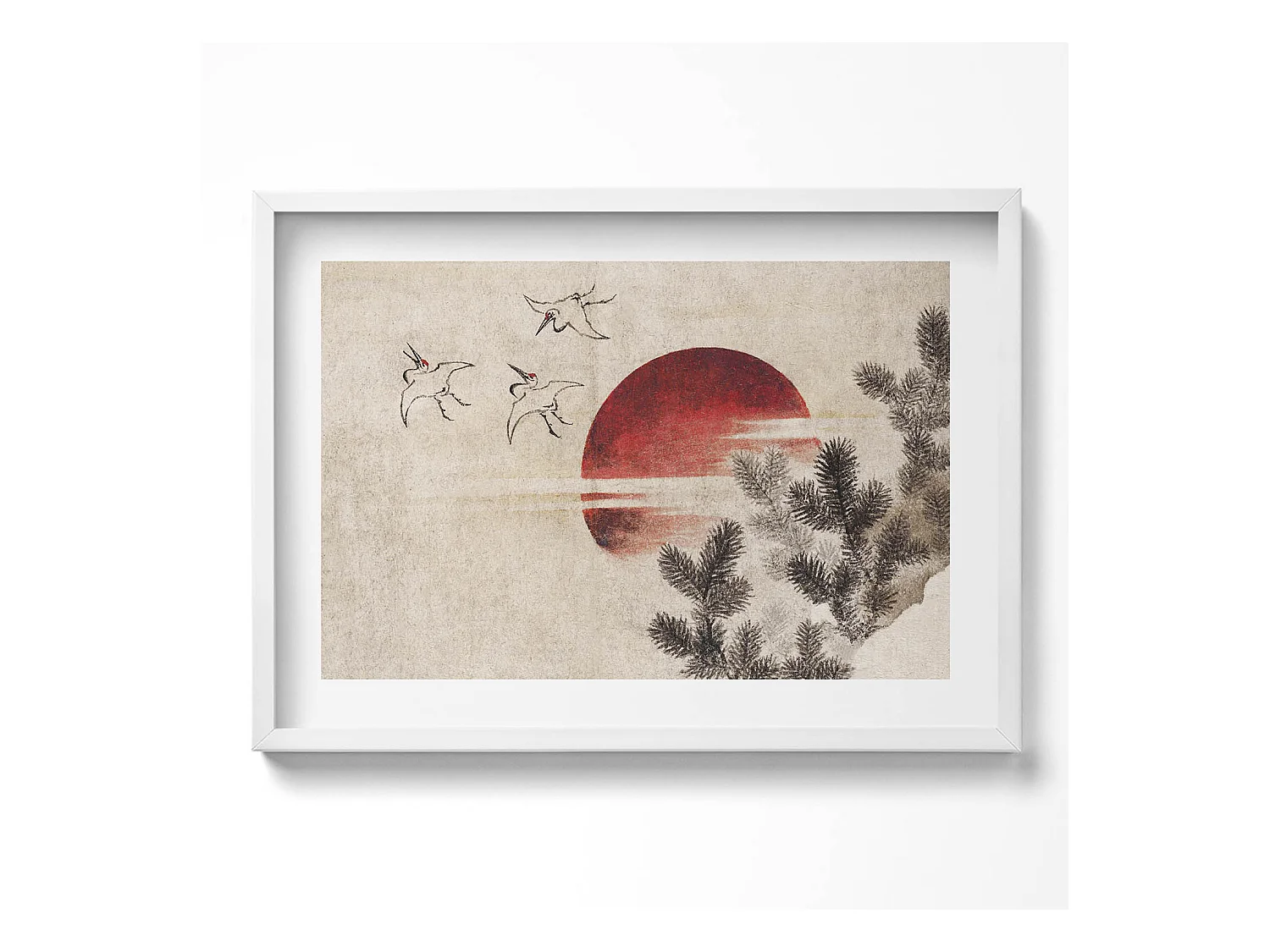 Tableau décoratif avec cadre blanc, Art japonais du soleil couchant 70 x 50 cm– Parfait pour le salon ou la chambre