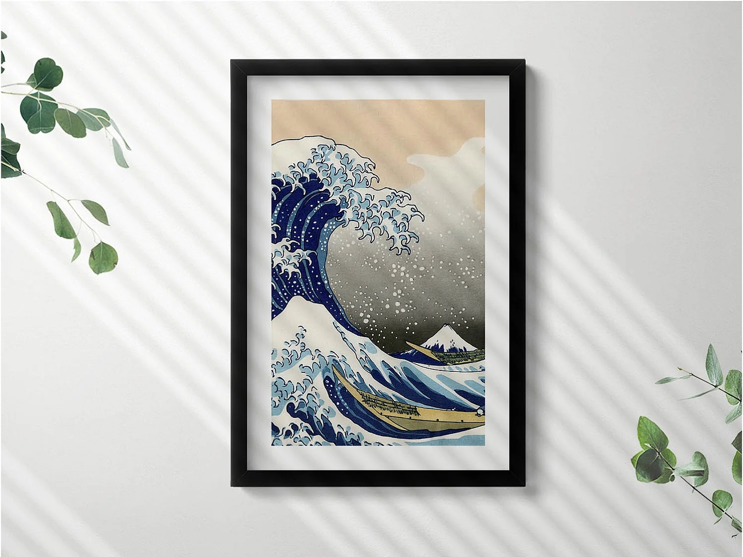 Dekoratives Gemälde mit schwarzem Rahmen, Große Welle in Kanagawa 40 x 60 cm – Perfekt für das Wohn- oder Schlafzimmer