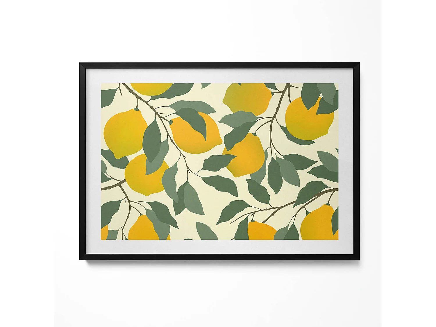 Dekoratives Gemälde mit schwarzem Rahmen, Illustration von Zitronen 100 x 70 cm – Perfekt für das Wohn- oder Schlafzimmer