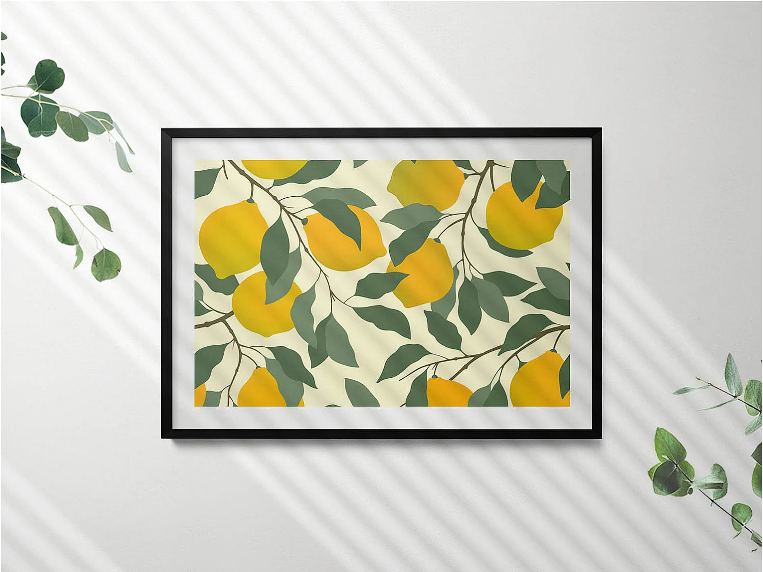 Dekoratives Gemälde mit schwarzem Rahmen, Illustration von Zitronen 100 x 70 cm – Perfekt für das Wohn- oder Schlafzimmer