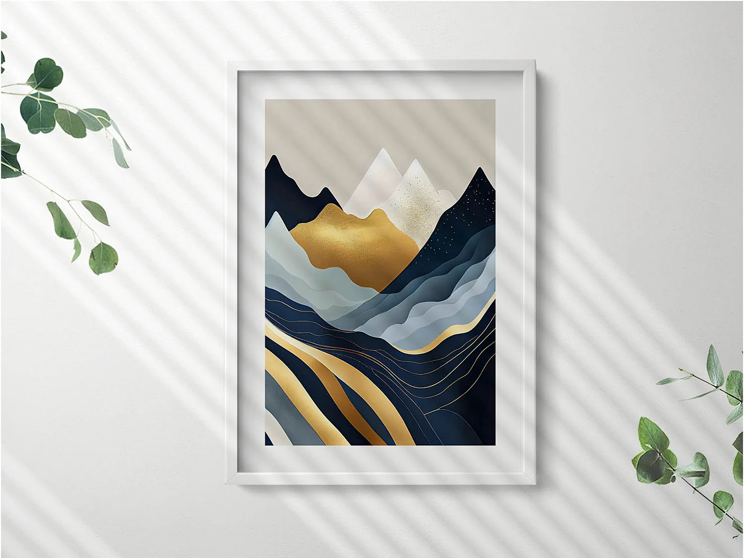 Dekoratives Gemälde mit weißem Rahmen, Abstrakte Berge 50 x 70 cm – Perfekt für das Wohn- oder Schlafzimmer