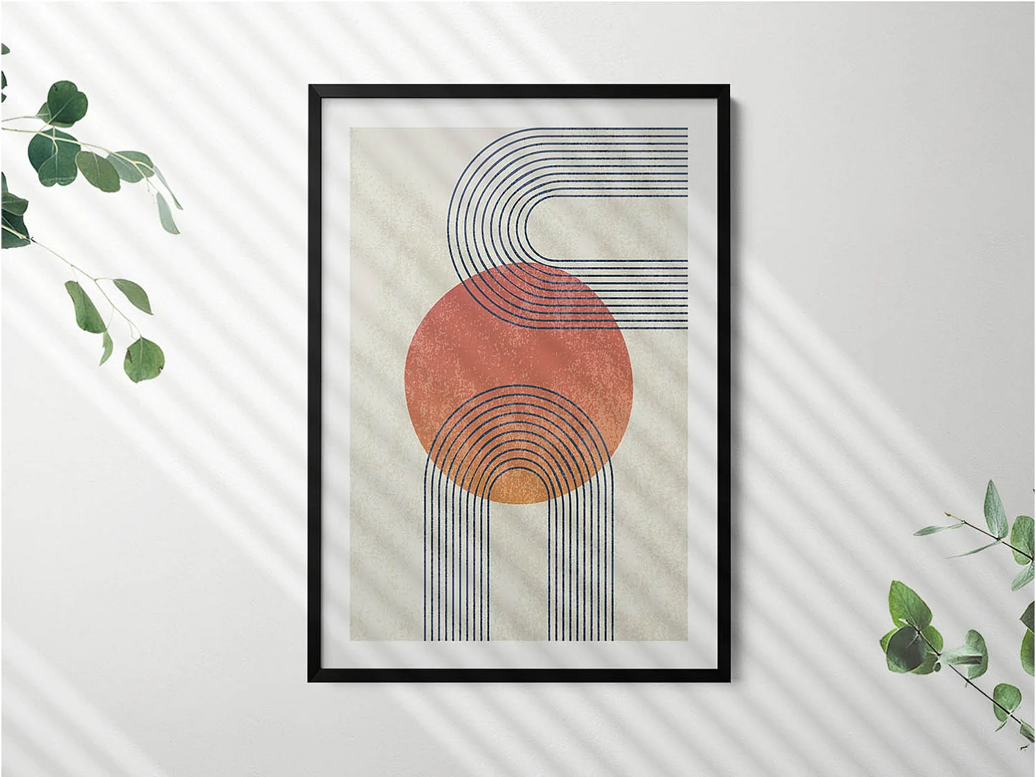 Dekoratives Gemälde mit schwarzem Rahmen, Linien und Kreis moderner Kunst 70 x 100 cm – Perfekt für das Wohn- oder Schlafzimmer