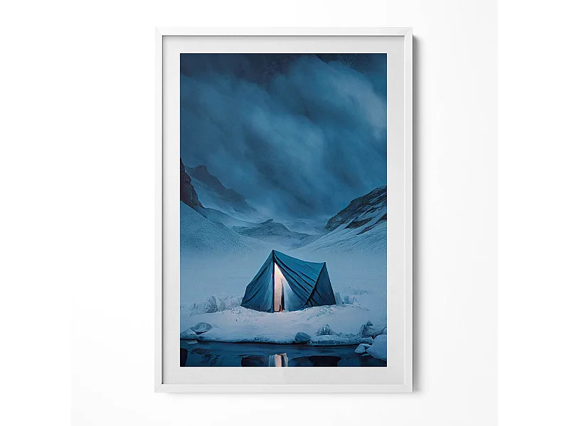 Tableau décoratif avec cadre blanc, Tente dans les montagnes d'Islande 70 x 100 cm– Parfait pour le salon ou la chambre