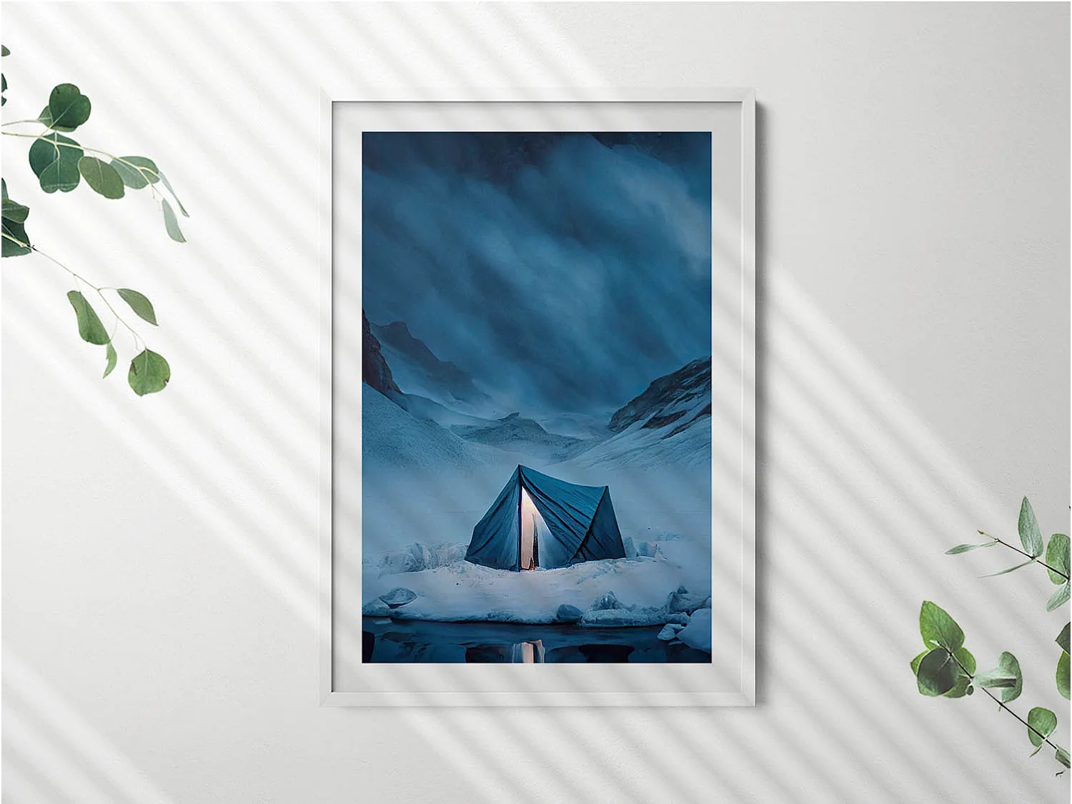 Dekoratives Gemälde mit weißem Rahmen, Zelt in den Bergen Islands 70 x 100 cm – Perfekt für das Wohn- oder Schlafzimmer