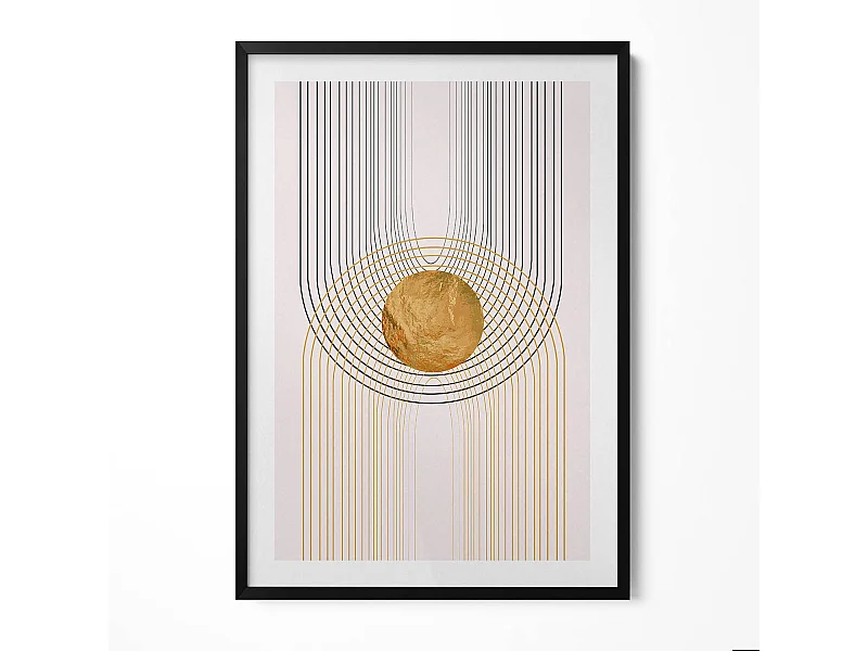 Tableau décoratif avec cadre noir, Formes dorées fluides sur fond beige 70 x 100 cm– Parfait pour le salon ou la chambre