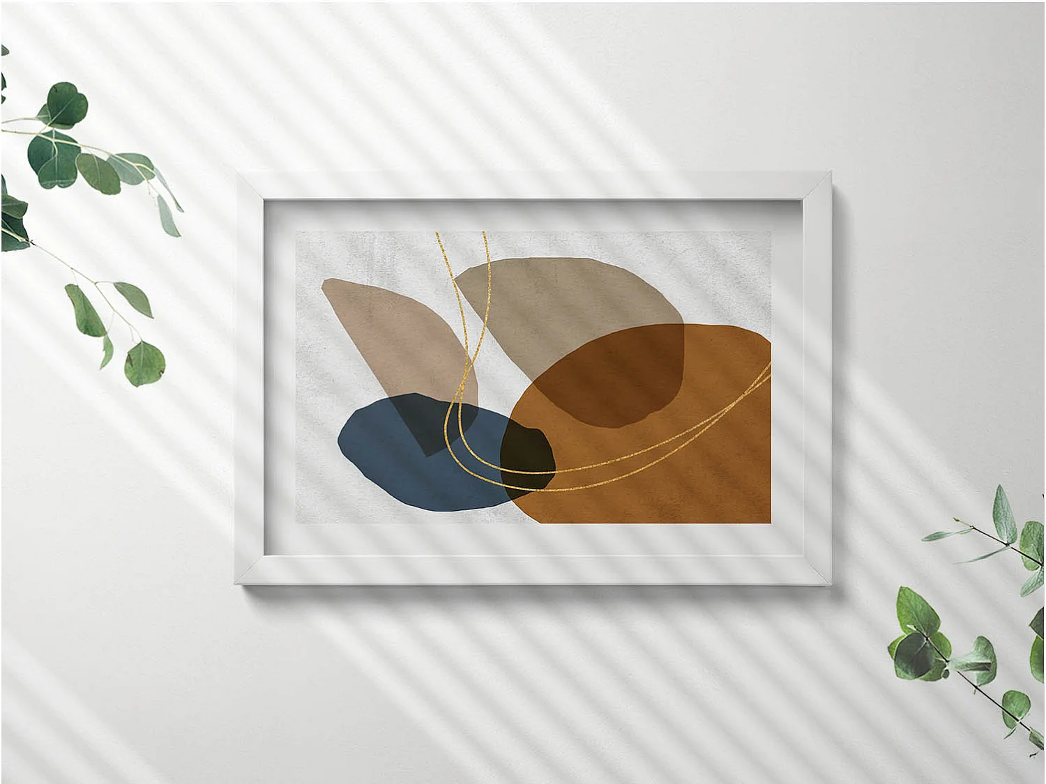 Decoratief schilderij met witte lijst, abstracte bohemien compositie 30 x 20 cm – Perfect voor de woon- of slaapkamer