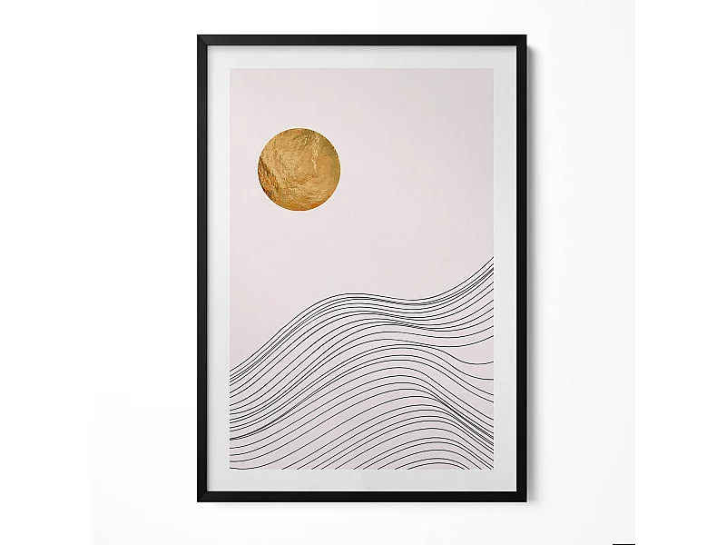 Decoratief schilderij met zwarte lijst, minimalistische abstractie met gouden details 70 x 100 cm – Perfect voor de woon- of slaapkamer