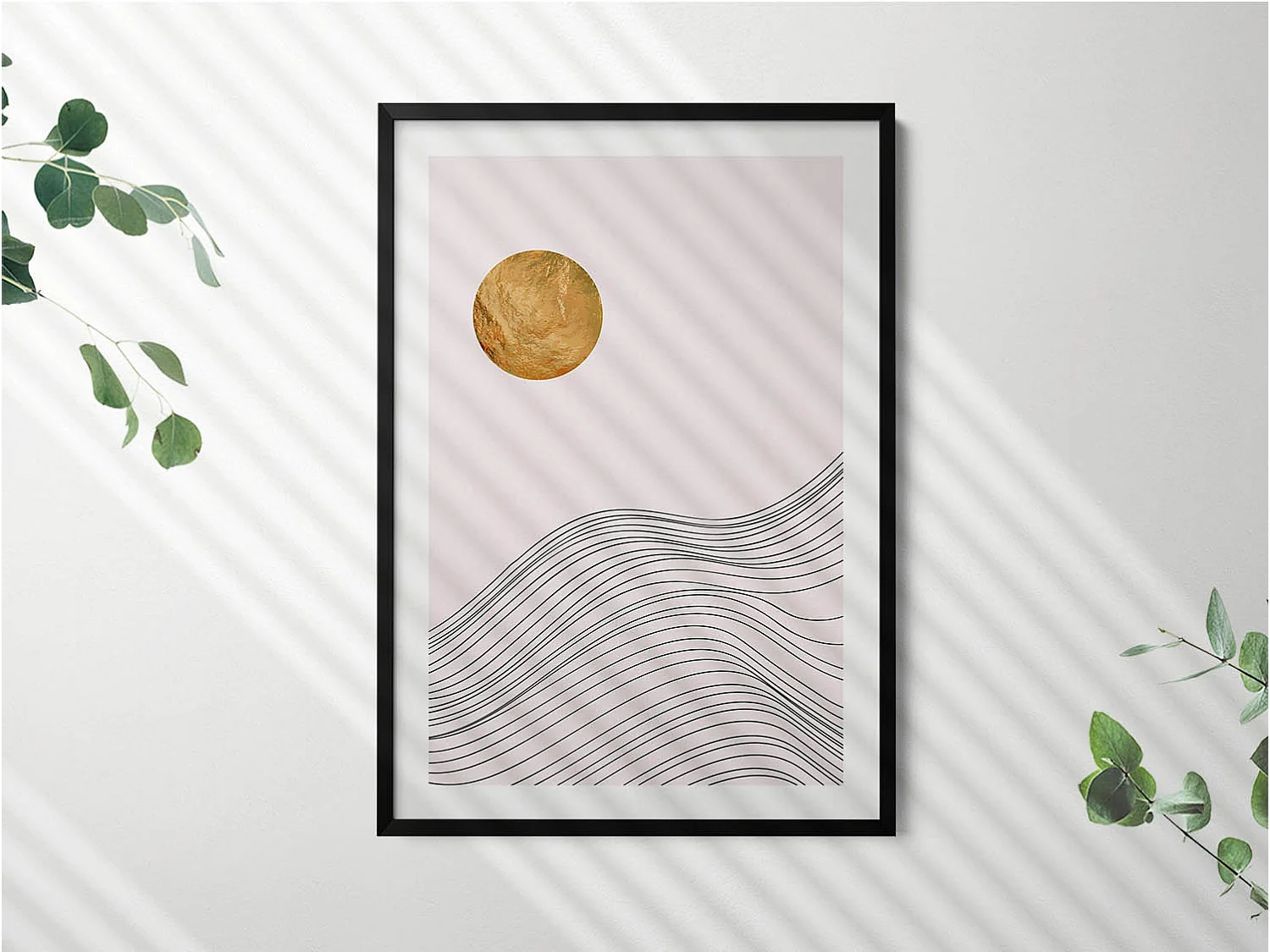 Decoratief schilderij met zwarte lijst, minimalistische abstractie met gouden details 70 x 100 cm – Perfect voor de woon- of slaapkamer