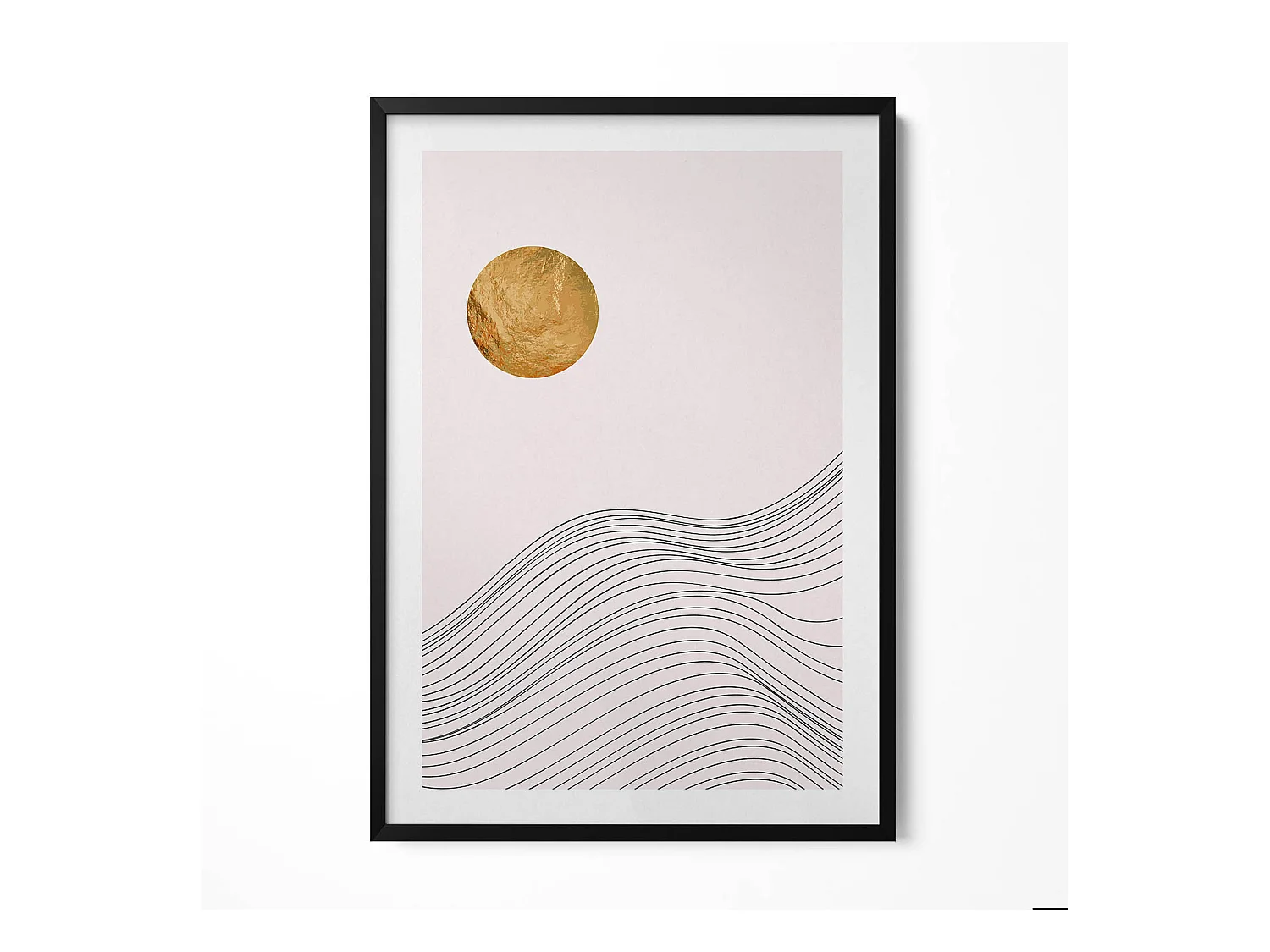 Tableau décoratif avec cadre noir, Abstraction minimaliste avec détails dorés 70 x 100 cm– Parfait pour le salon ou la chambre