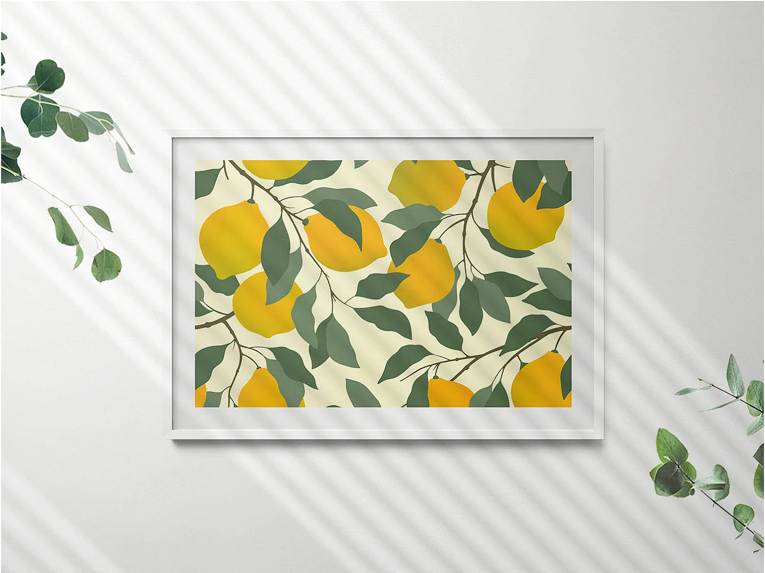 Decoratief schilderij met witte lijst, Illustratie van citroenen 100 x 70 cm – Perfect voor de woon- of slaapkamer