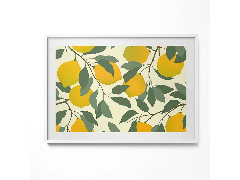 Dekoratives Gemälde mit weißem Rahmen, Illustration von Zitronen 100 x 70 cm – Perfekt für das Wohn- oder Schlafzimmer