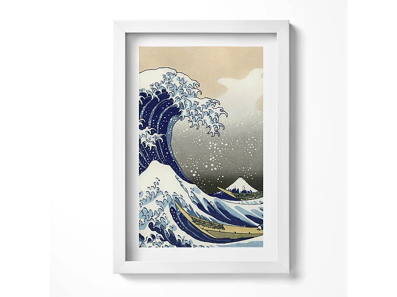 Tableau décoratif avec cadre blanc, Grosse vague à Kanagawa 20 x 30 cm – Parfait pour le salon ou la chambre