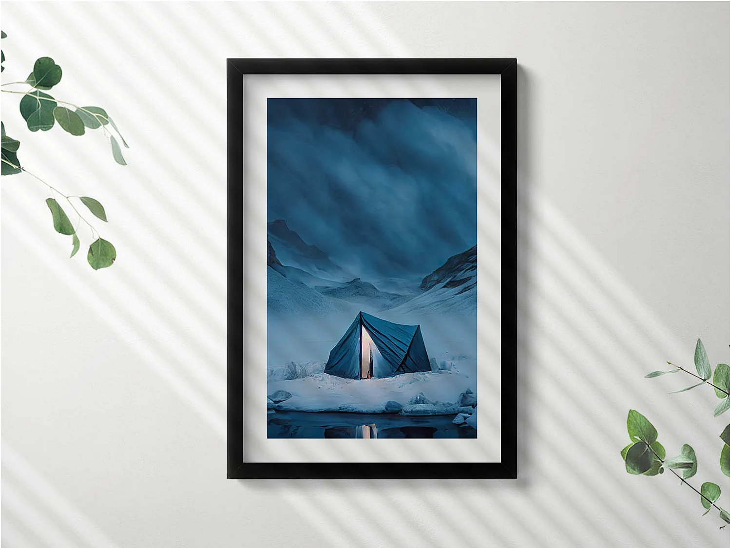 Dekoratives Gemälde mit schwarzem Rahmen, Zelt in den Bergen Islands 40 x 60 cm – Perfekt für das Wohn- oder Schlafzimmer