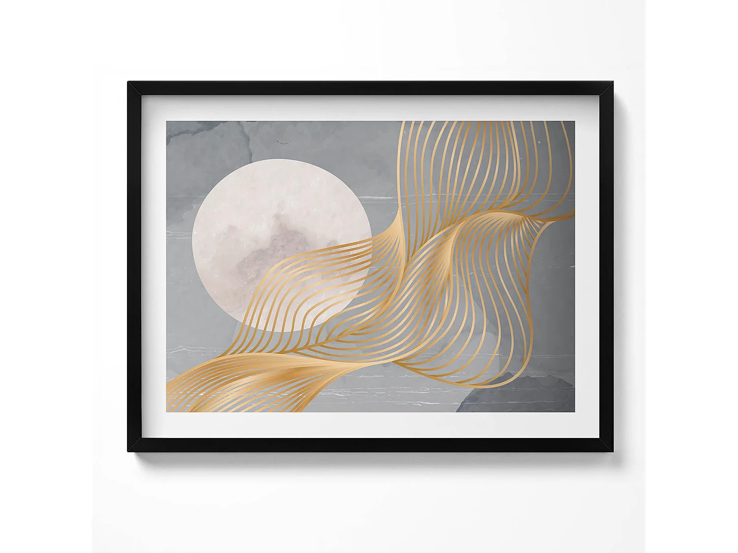 Dekoratives Gemälde mit schwarzem Rahmen, abstrakte Illustration des Mondes mit Gold 80 x 60 cm – perfekt für das Wohn- oder Schlafzimmer