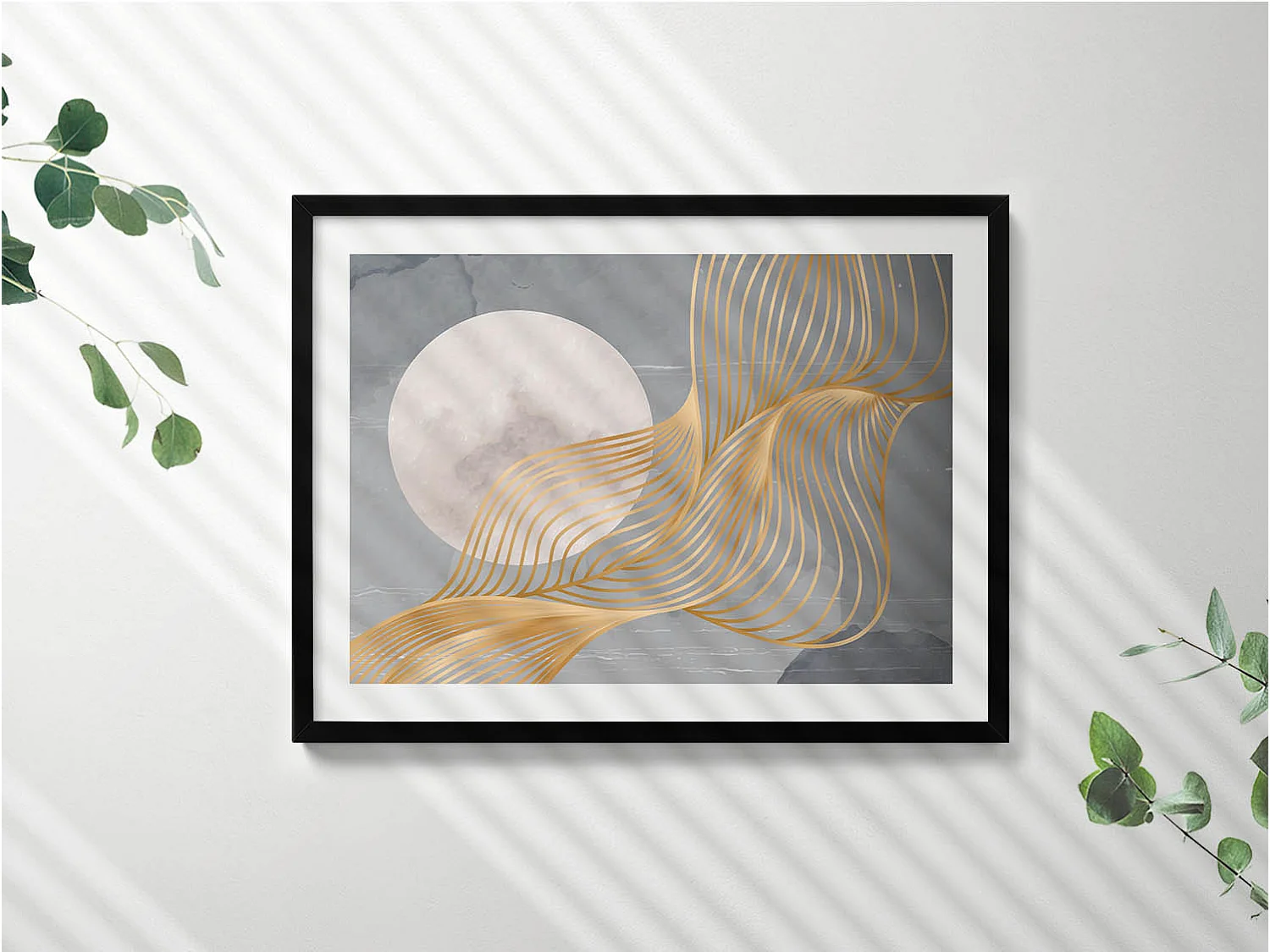 Dekoratives Gemälde mit schwarzem Rahmen, abstrakte Illustration des Mondes mit Gold 80 x 60 cm – perfekt für das Wohn- oder Schlafzimmer