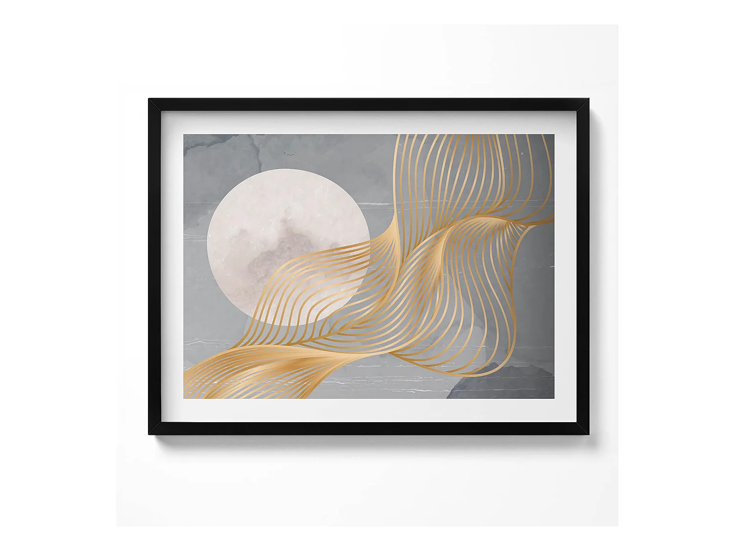Tableau décoratif avec cadre noir, Illustration abstraite de la lune avec de l'or 80 x 60 cm– Parfait pour le salon ou la chambre