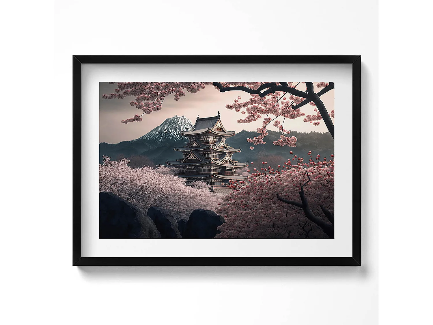 Tableau décoratif avec cadre noir, Tour asiatique et fleurs de cerisier 70 x 50 cm– Parfait pour le salon ou la chambre