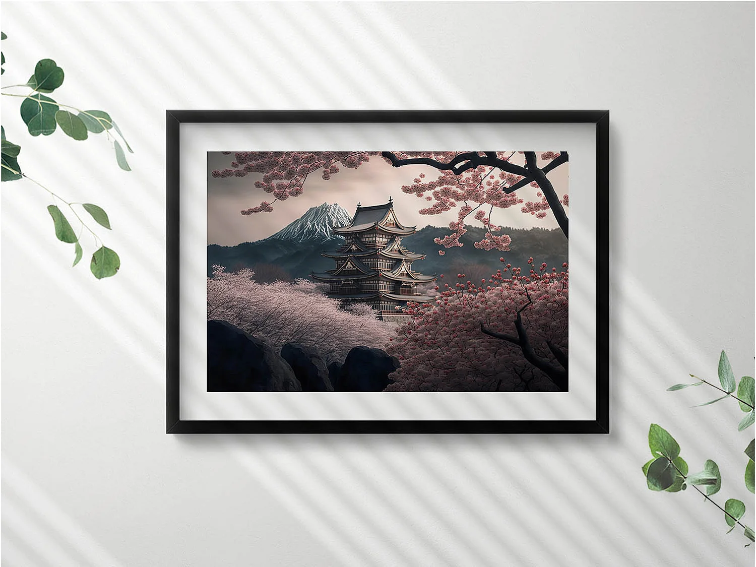 Tableau décoratif avec cadre noir, Tour asiatique et fleurs de cerisier 70 x 50 cm– Parfait pour le salon ou la chambre