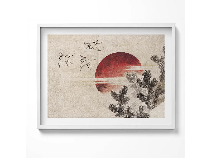 Decoratief schilderij met witte lijst, Japanse kunst van de ondergaande zon 80 x 60 cm – Perfect voor de woon- of slaapkamer