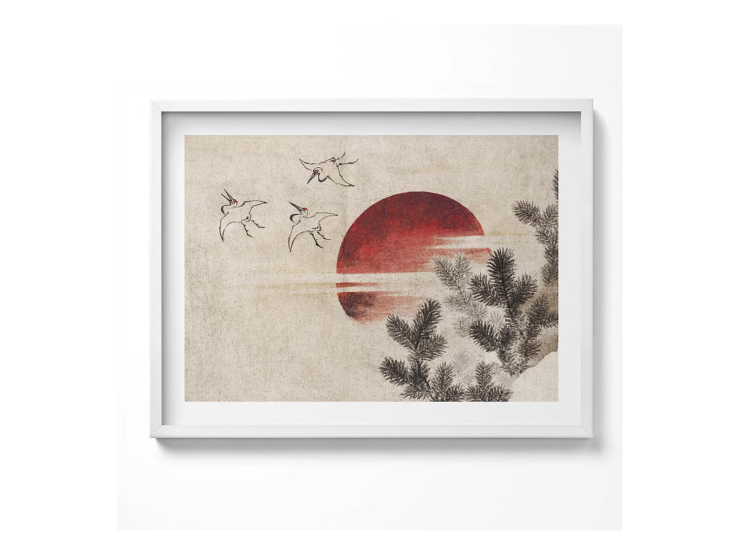 Tableau décoratif avec cadre blanc, Art japonais du soleil couchant 80 x 60 cm– Parfait pour le salon ou la chambre