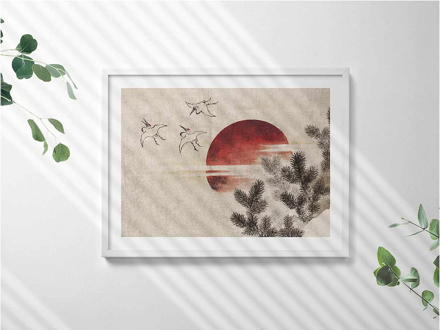 Tableau décoratif avec cadre blanc, Art japonais du soleil couchant 80 x 60 cm– Parfait pour le salon ou la chambre