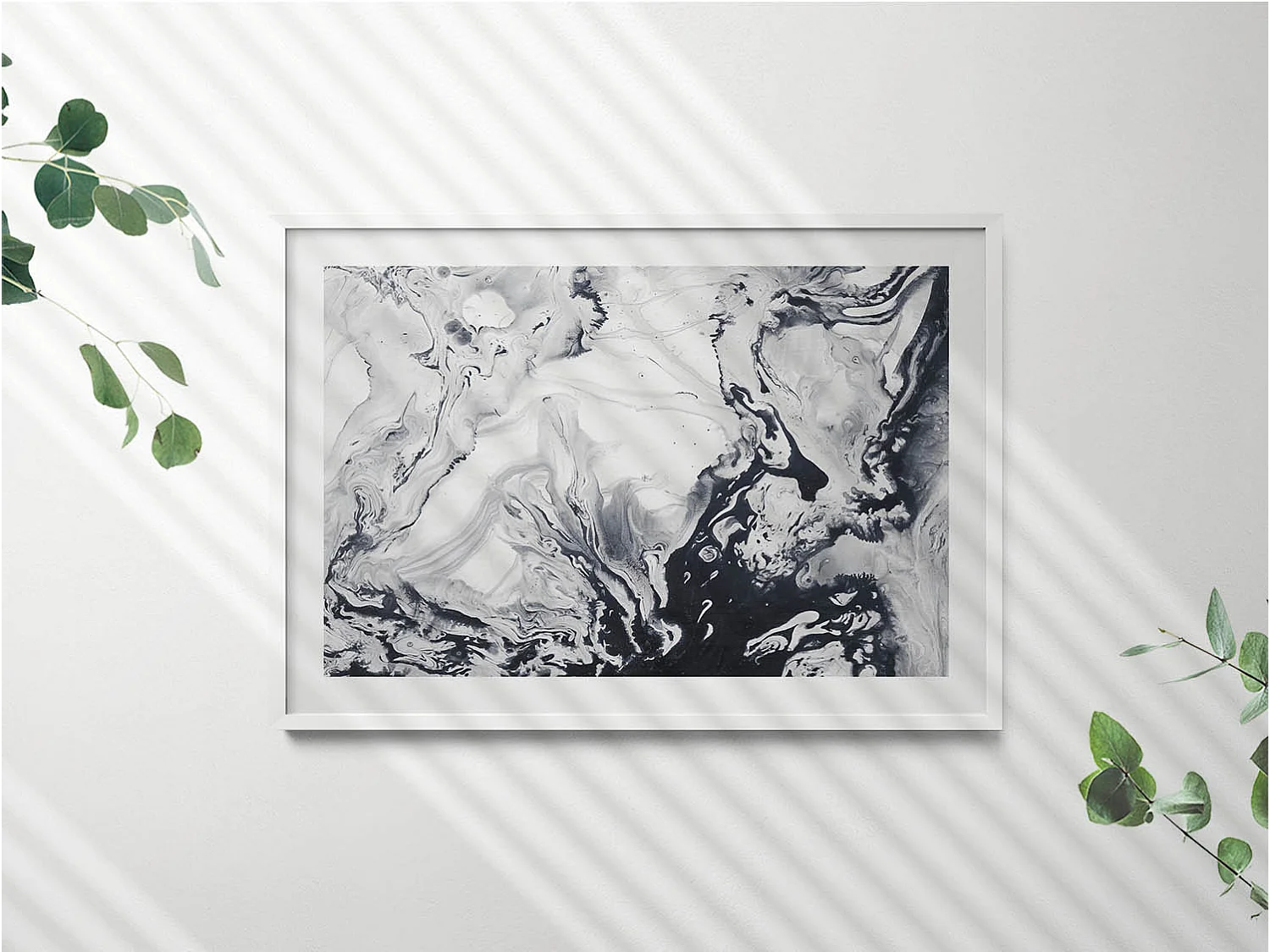 Tableau décoratif avec cadre blanc, Abstraction d'encre - encre de marbre 100 x 70 cm– Parfait pour le salon ou la chambre