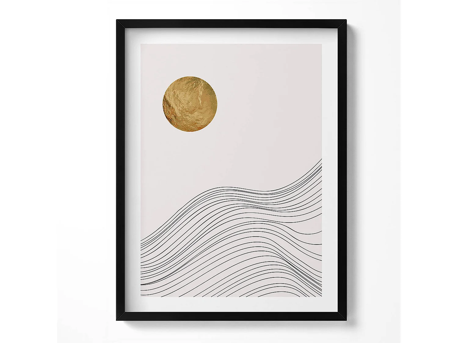 Decoratief schilderij met zwarte lijst, minimalistische abstractie met gouden details 60 x 80 cm – Perfect voor de woon- of slaapkamer