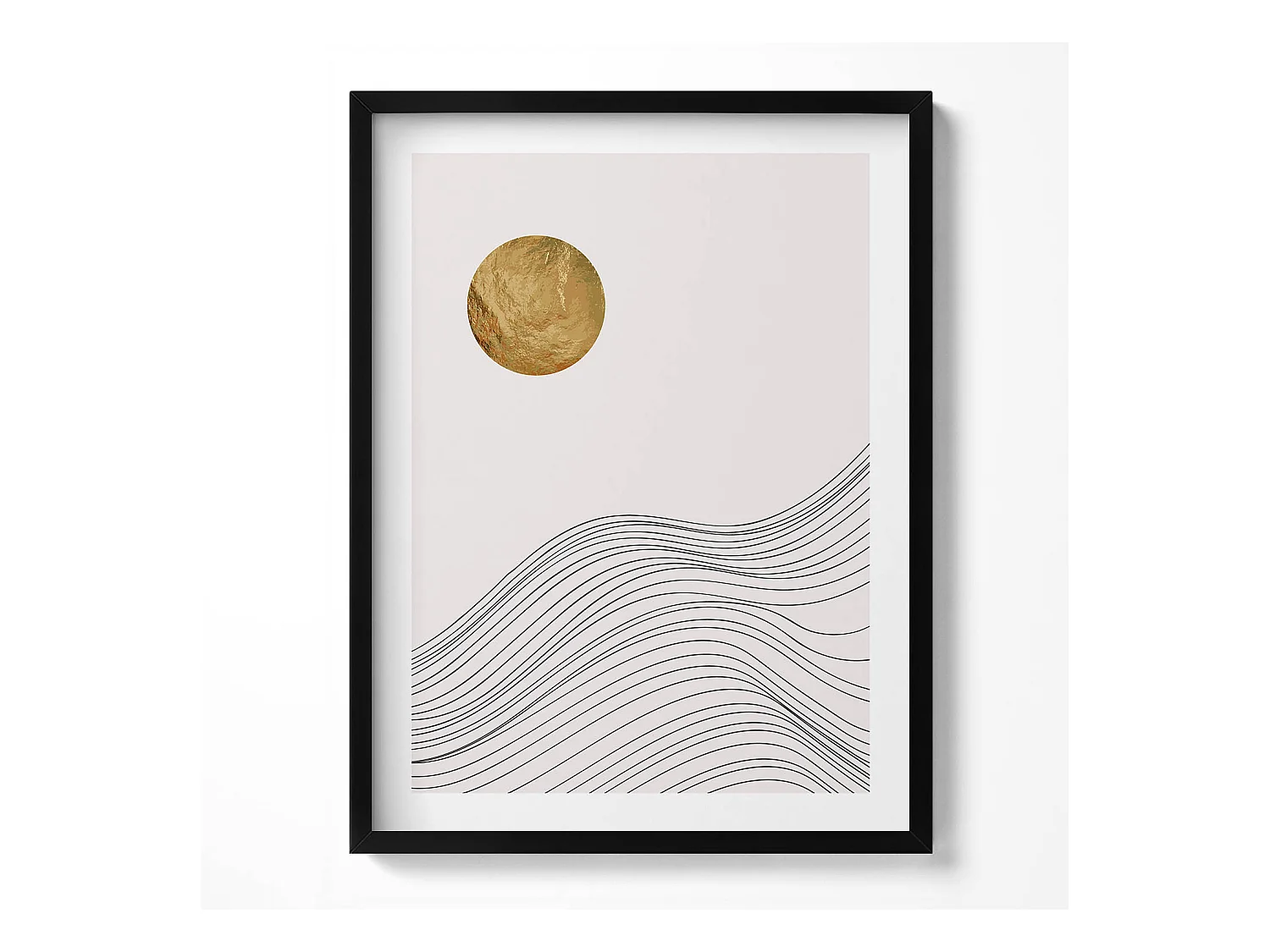 Tableau décoratif avec cadre noir, Abstraction minimaliste avec détails dorés 60 x 80 cm– Parfait pour le salon ou la chambre