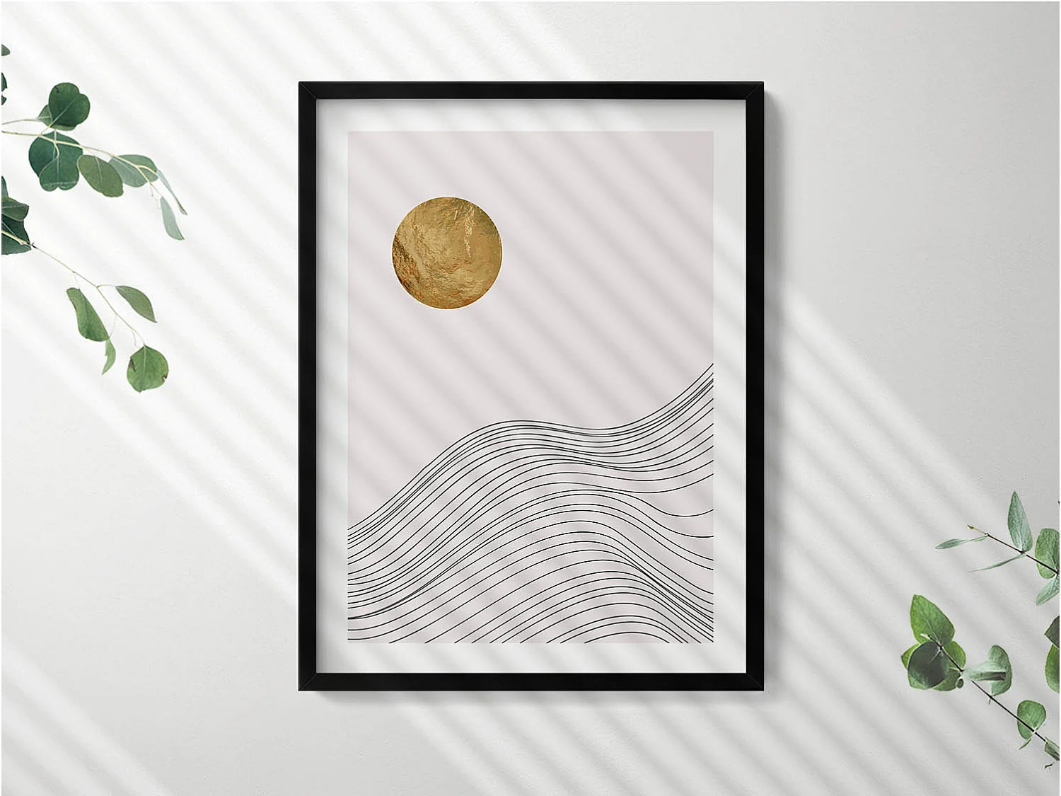 Dekoratives Gemälde mit schwarzem Rahmen, minimalistische Abstraktion mit goldenen Details 60 x 80 cm – perfekt für das Wohn- oder Schlafzimmer