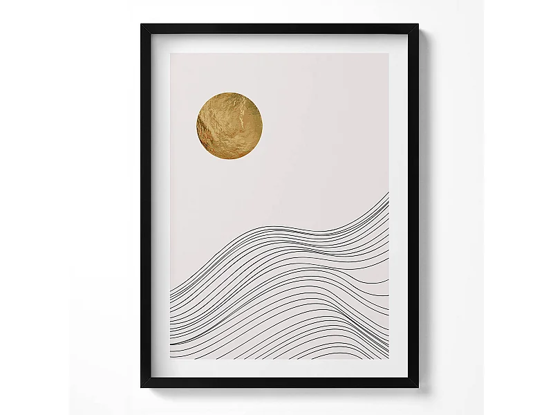 Dekoratives Gemälde mit schwarzem Rahmen, minimalistische Abstraktion mit goldenen Details 60 x 80 cm – perfekt für das Wohn- oder Schlafzimmer
