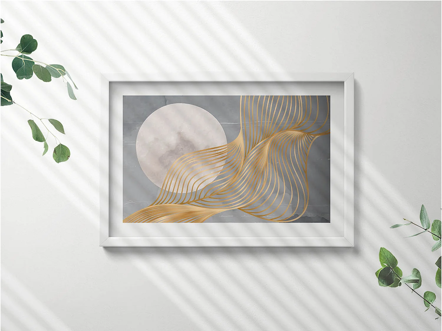 Decoratief schilderij met witte lijst, abstracte illustratie van de maan met goud 60 x 40 cm – Perfect voor de woon- of slaapkamer