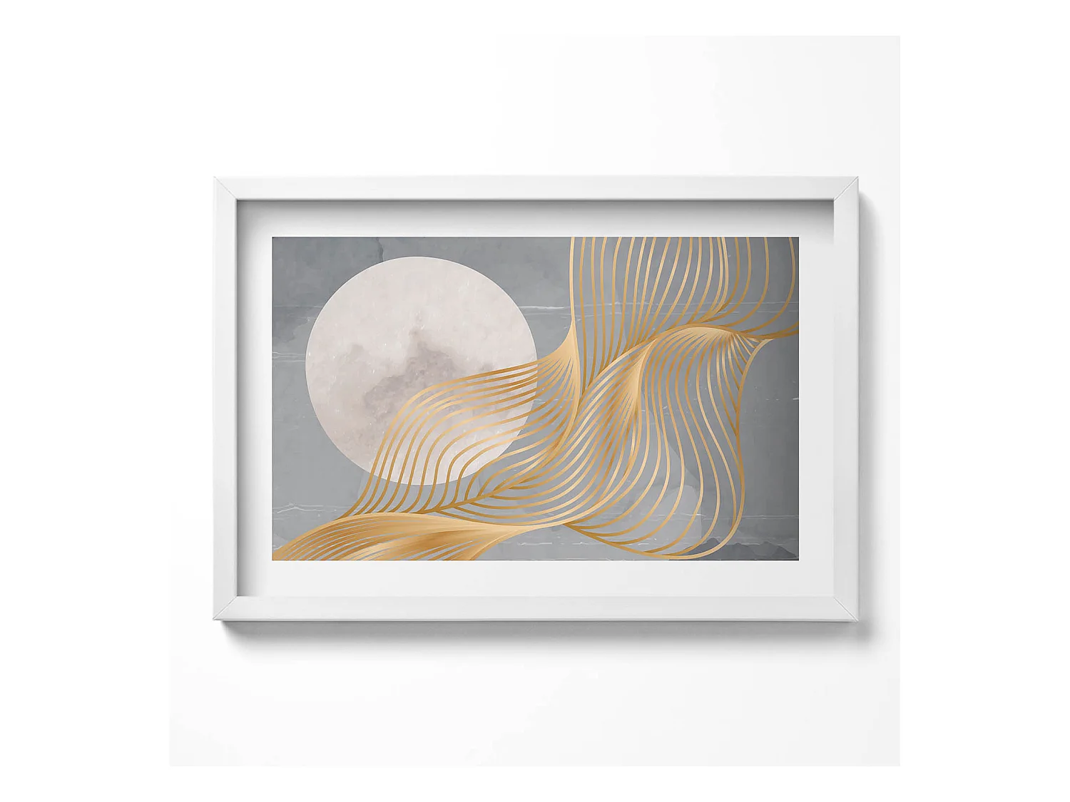 Tableau décoratif avec cadre blanc, Illustration abstraite de la lune avec de l'or 60 x 40 cm– Parfait pour le salon ou la chambre