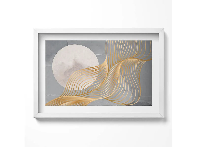 Dekoratives Gemälde mit weißem Rahmen, abstrakte Illustration des Mondes mit Gold 60 x 40 cm – perfekt für das Wohn- oder Schlafzimmer