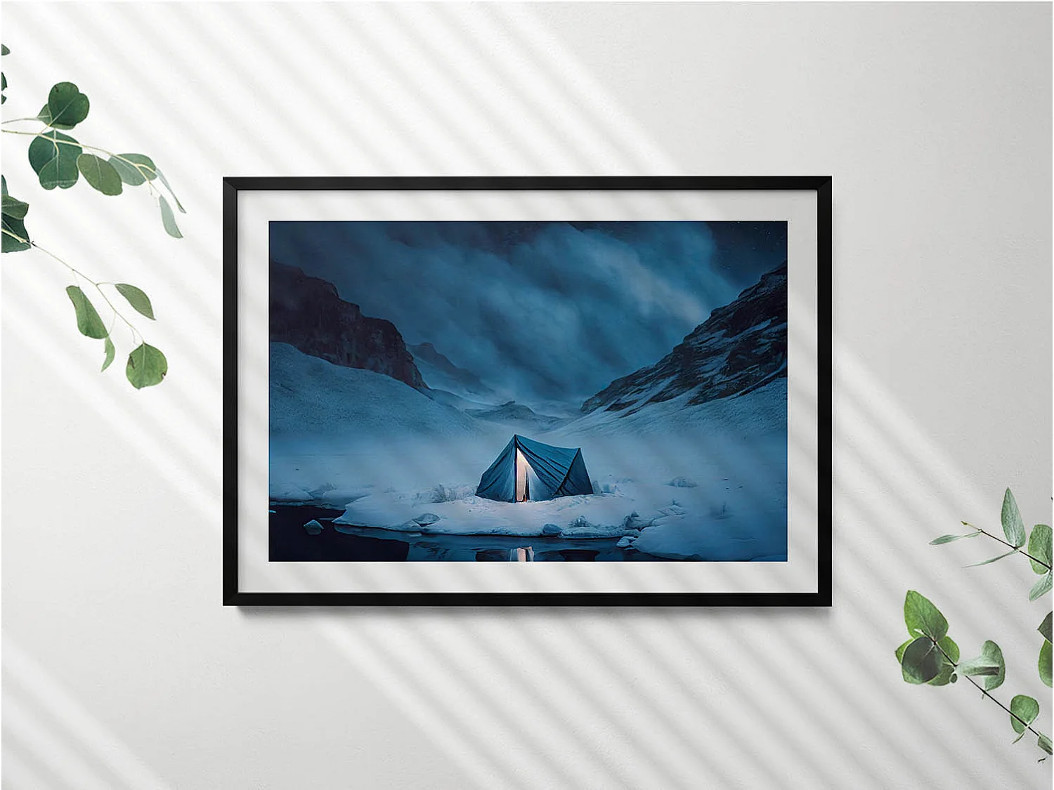 Dekoratives Gemälde mit schwarzem Rahmen, Zelt in den Bergen Islands 100 x 70 cm – Perfekt für das Wohn- oder Schlafzimmer