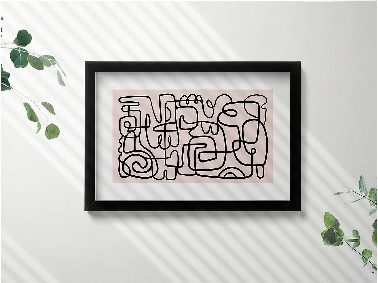 Dekoratives Gemälde mit schwarzem Rahmen, fließende goldene Formen auf beigem Hintergrund, 30 x 20 cm – perfekt für das Wohn- oder Schlafzimmer