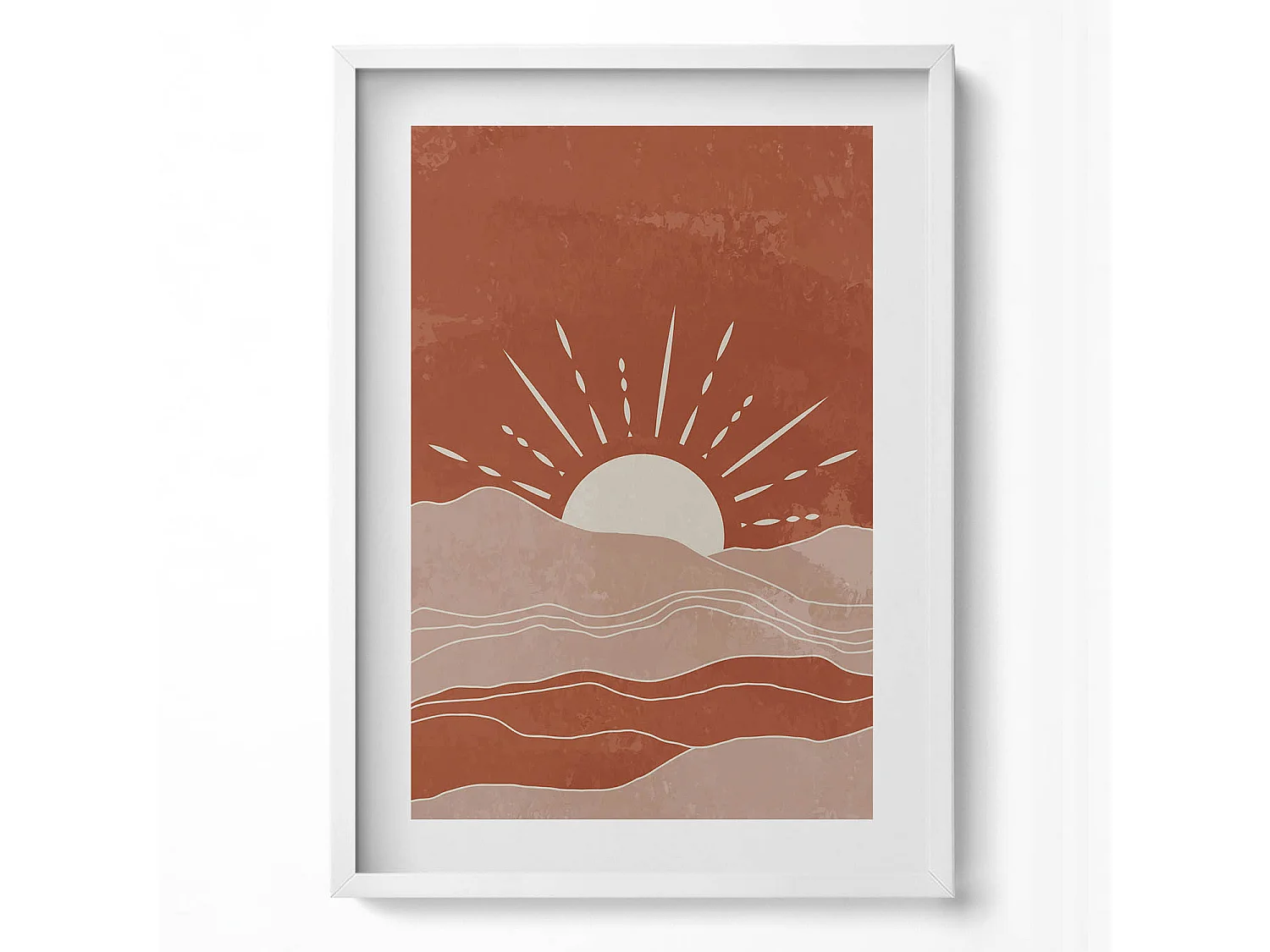 Decoratief schilderij met witte lijst, Illustratie van de opkomende zon 50 x 70 cm – Perfect voor de woon- of slaapkamer