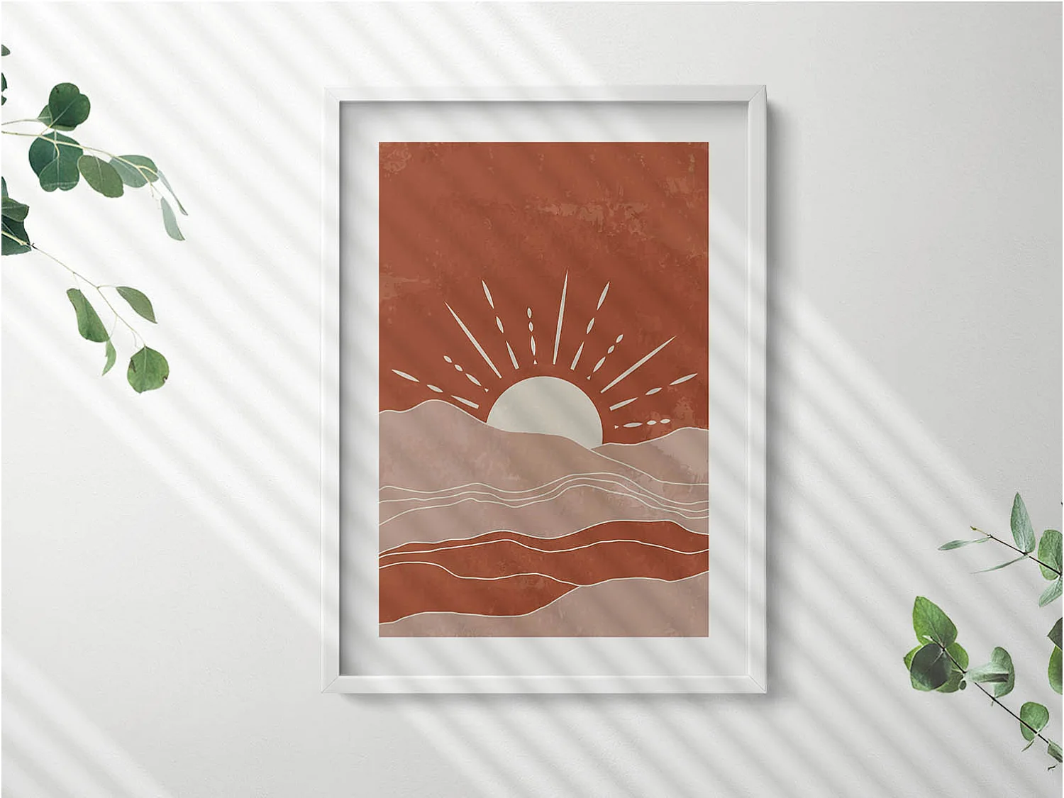 Decoratief schilderij met witte lijst, Illustratie van de opkomende zon 50 x 70 cm – Perfect voor de woon- of slaapkamer